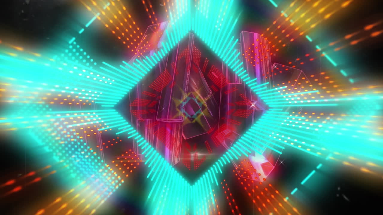 Animazione di forme di cristallo rosa su tunnel al neon in motivo continuo su sfondo nero