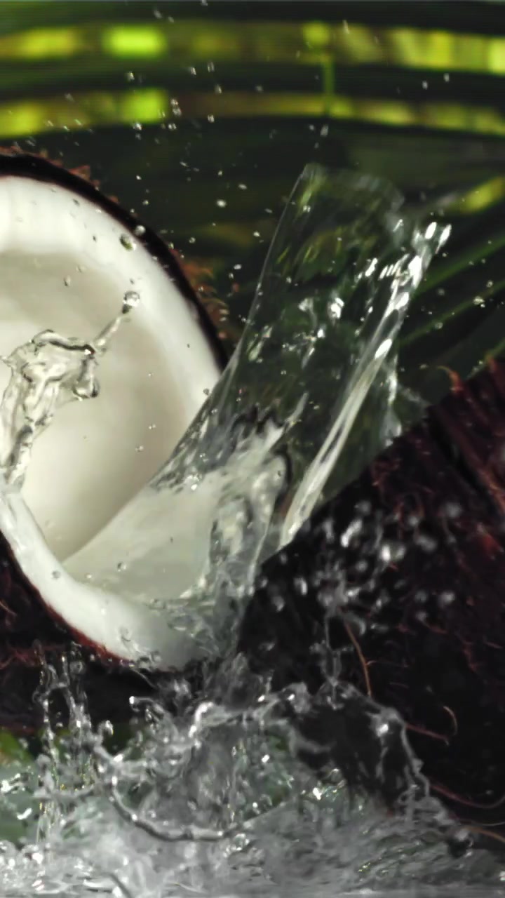 Refreshing Water Splashing Over a Cracked Coconut with Tropical Leaves