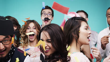 Crazy-hipster-geek-mixed-race-people-dancing-slow-motion-party-photo-booth