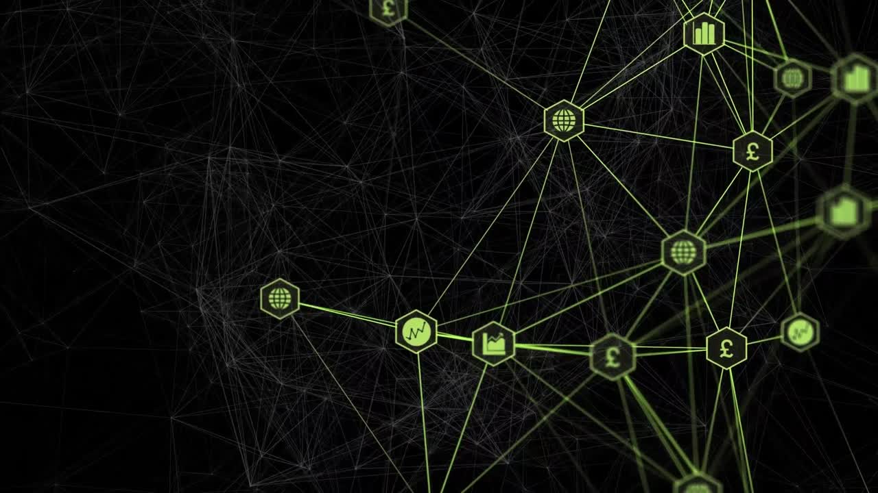 video compuesto digital de una red de conexiones con iconos que se mueven contra un fondo negro