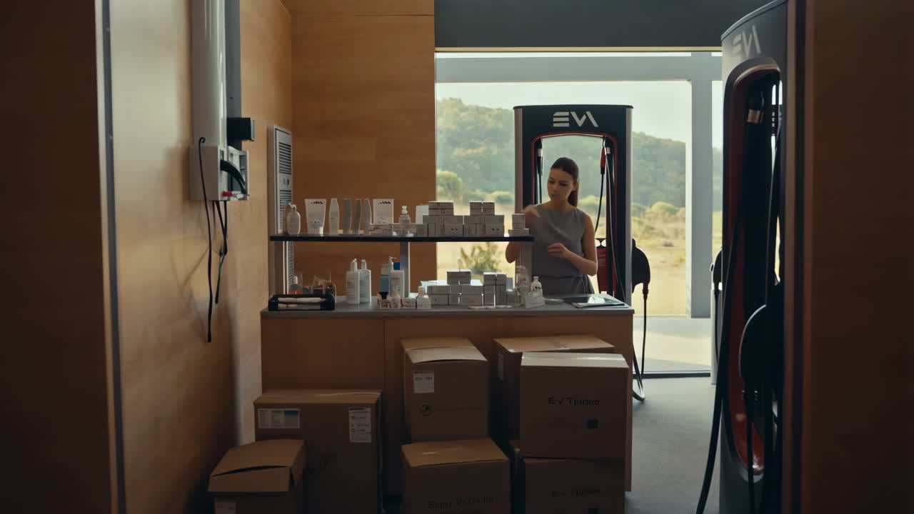 Woman Attending a Retail Counter at an EV Charging Station with Beauty Products