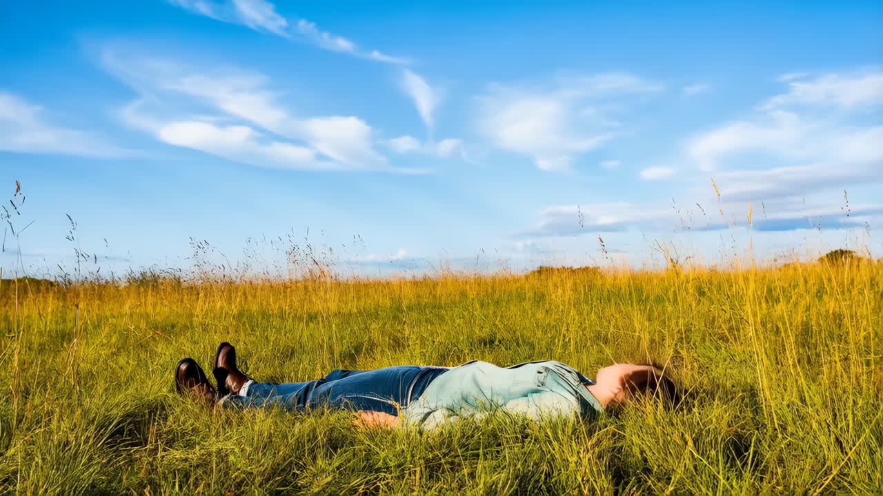 A boy relaxing in a grassy field under a blue sky