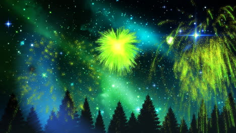 animation of green christmas and new year fireworks exploding over trees in starry night sky