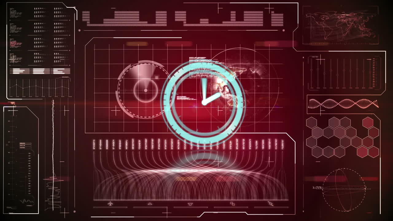 Animation of clock moving fast and data processing over screen