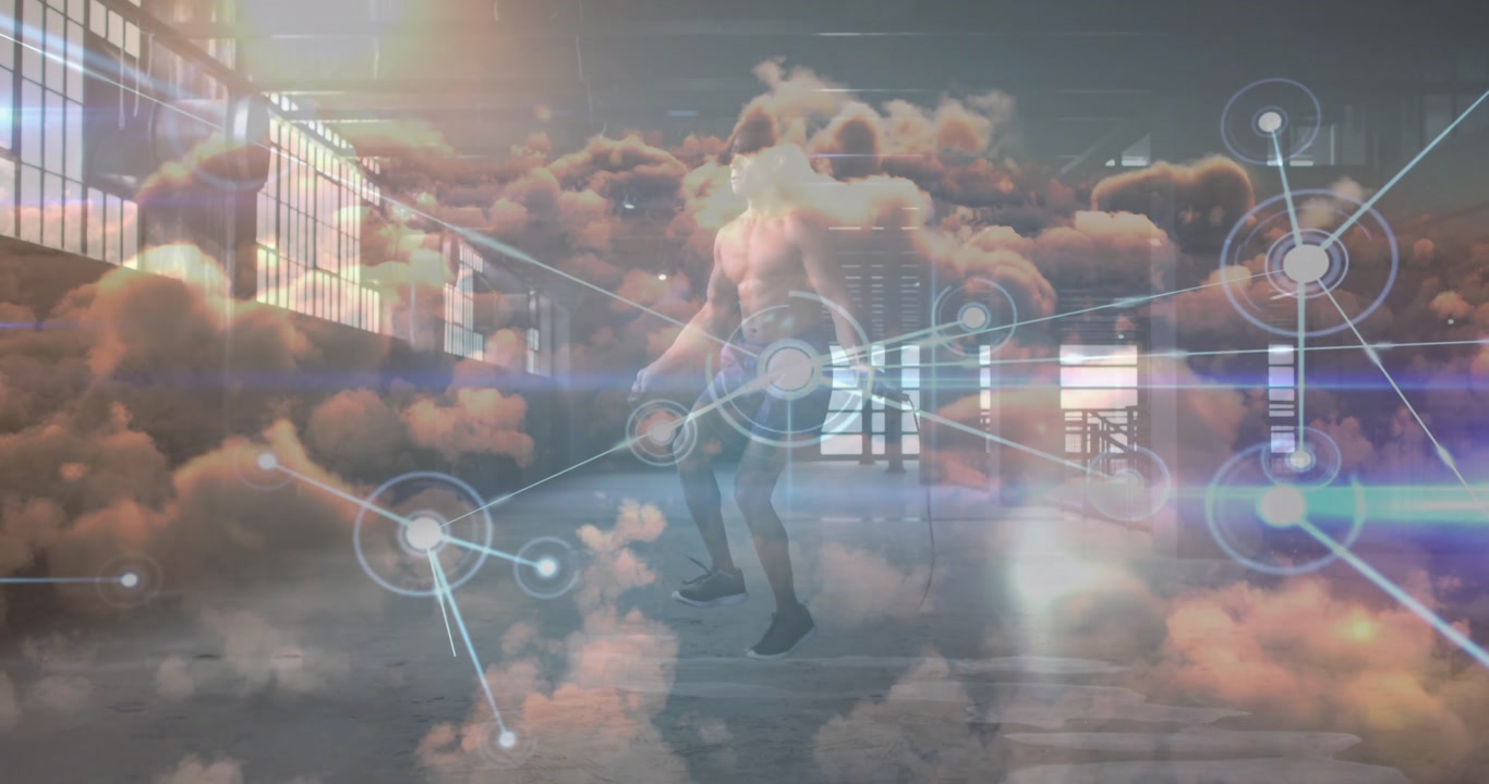 Animation of data processing over clouds and caucasian sportsman jumping rope