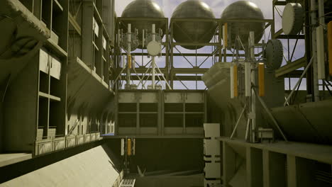 industrial complex with elevated tanks and antenna structures during daylight