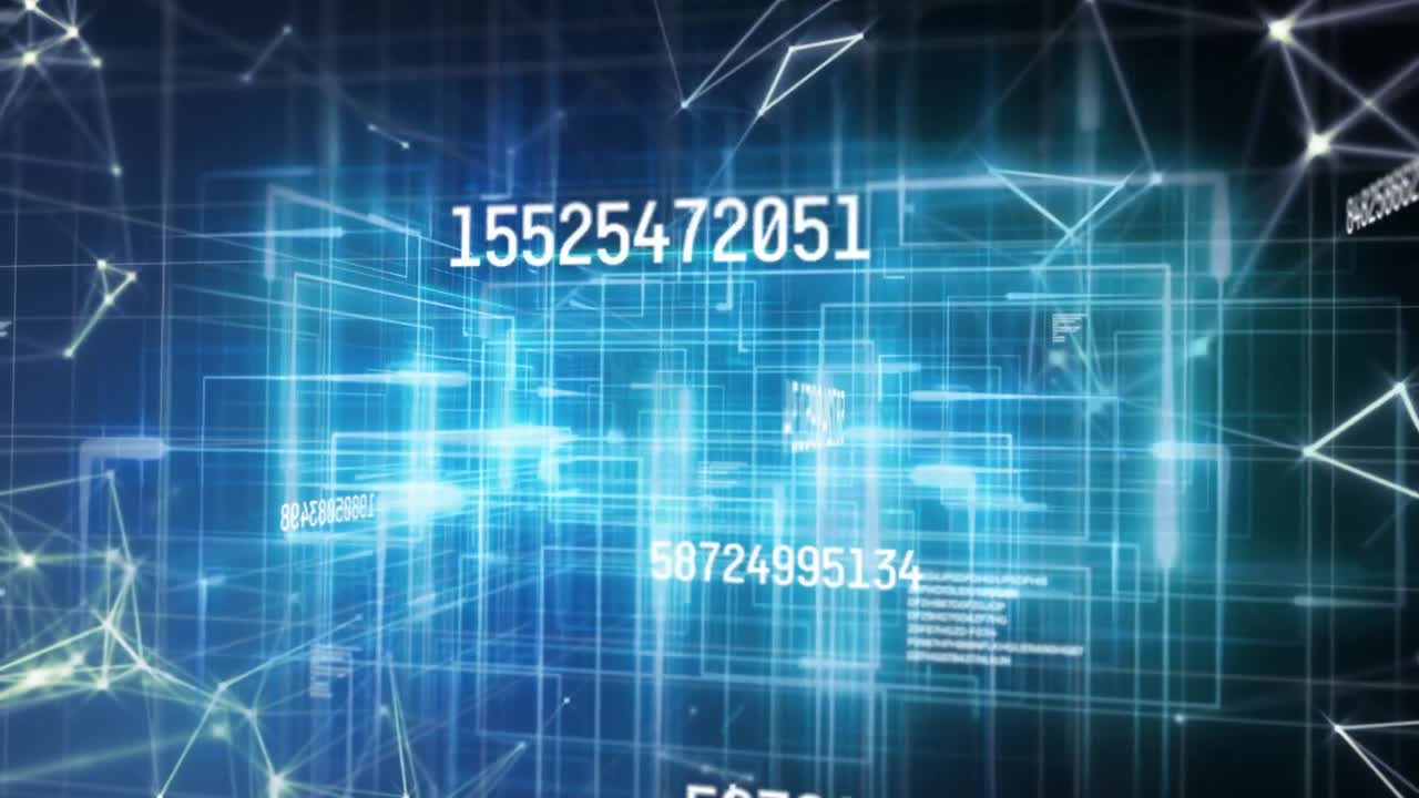 Animation of increasing numbers over network of connections and digital shapes