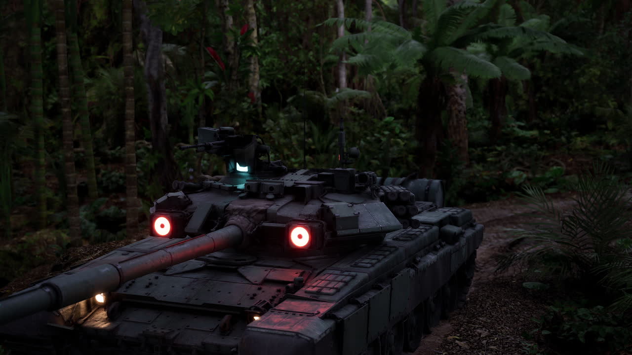 Carro armato moderno posizionato in una giungla fitta con dettagli luminosi visibili