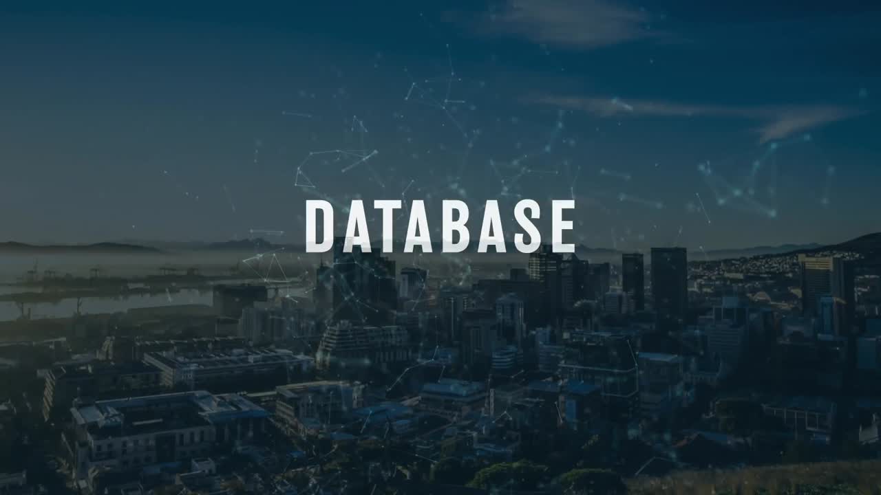 animación de la red de conexiones y texto de la base de datos sobre el paisaje urbano