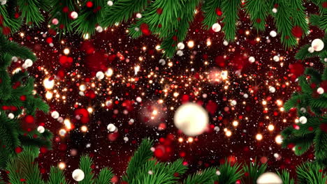 animation of flickering white and red balls of light on black background with christmas tree border