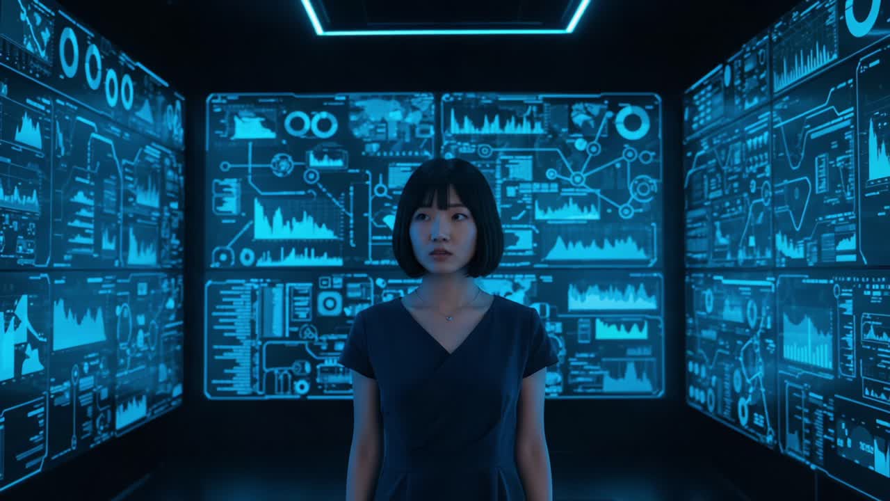 A contemplative figure stands in a futuristic, illuminated data room filled with complex graphs, charts, and digital interfaces conveying a sense of advanced analytics and technology