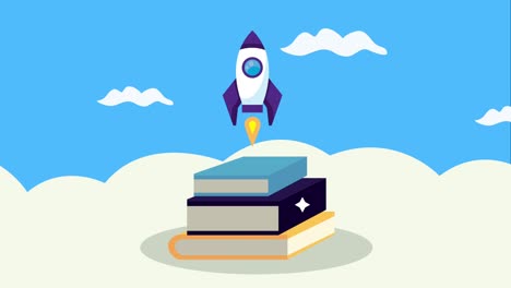 pile text books with rocket animation