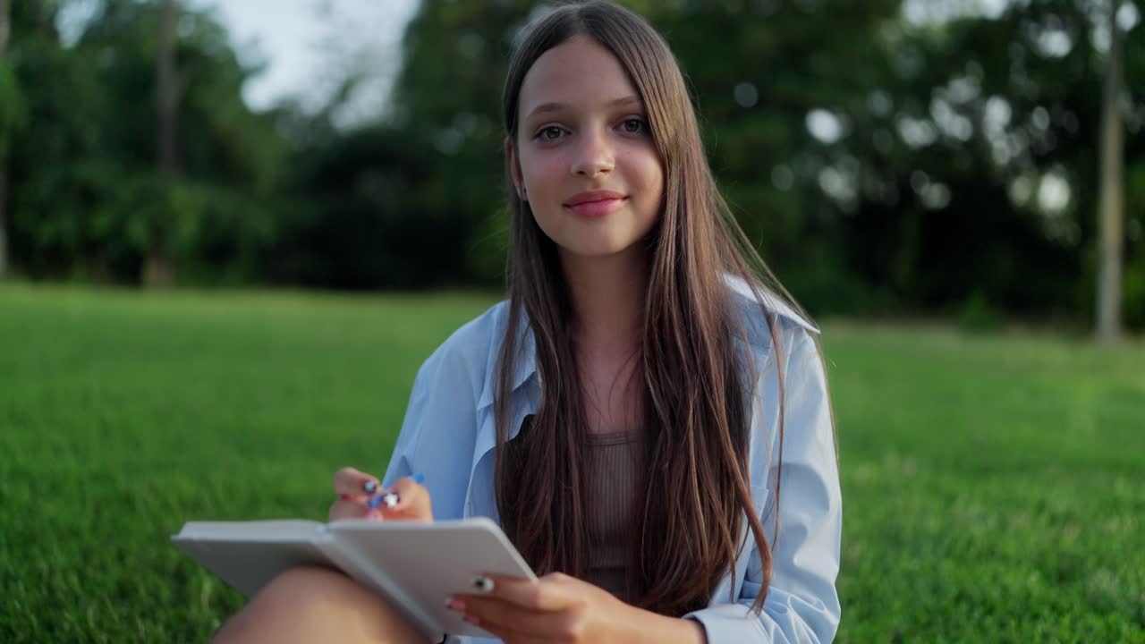 Una giovane donna che sorride e scrive su un quaderno mentre è seduta sull'erba in un parco.