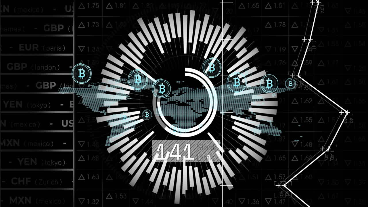 검은색 배경의 세계 지도 위에 비트코인 아이콘으로 데이터 처리의 애니메이션