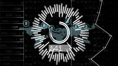 animation of data processing with bitcoin icons over world map on black background