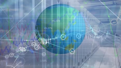 Animación-De-Red-De-Conexiones,-Diversos-Datos-Financieros,-Gráficos-Y-Globo-Sobre-Servidores