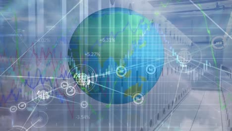 animación de la red de conexiones, diversos datos financieros, gráficos y globo sobre servidores