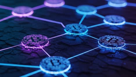 a visual representation of blockchain technology and cryptocurrency: the interconnected network of bitcoin nodes with illuminated circuits serving as symbols of digital currency