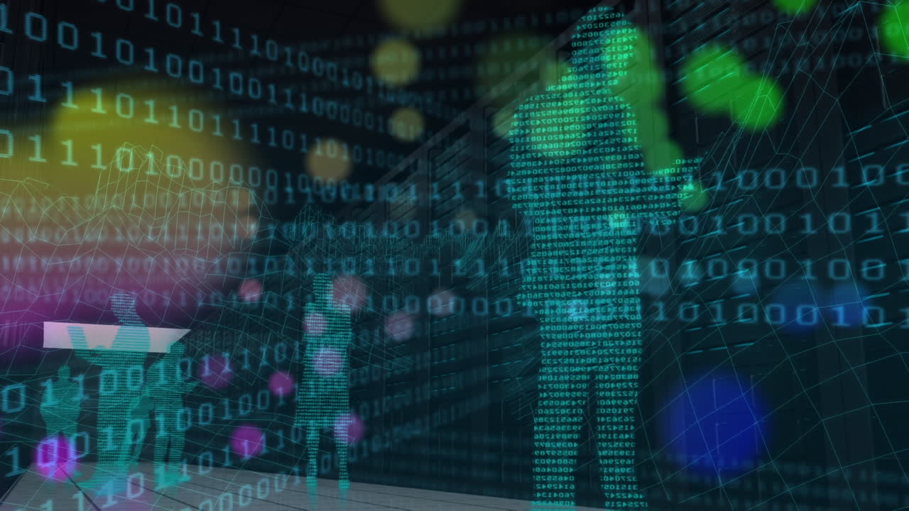 Animation of binary code, human silhouettes and lights moving over black background