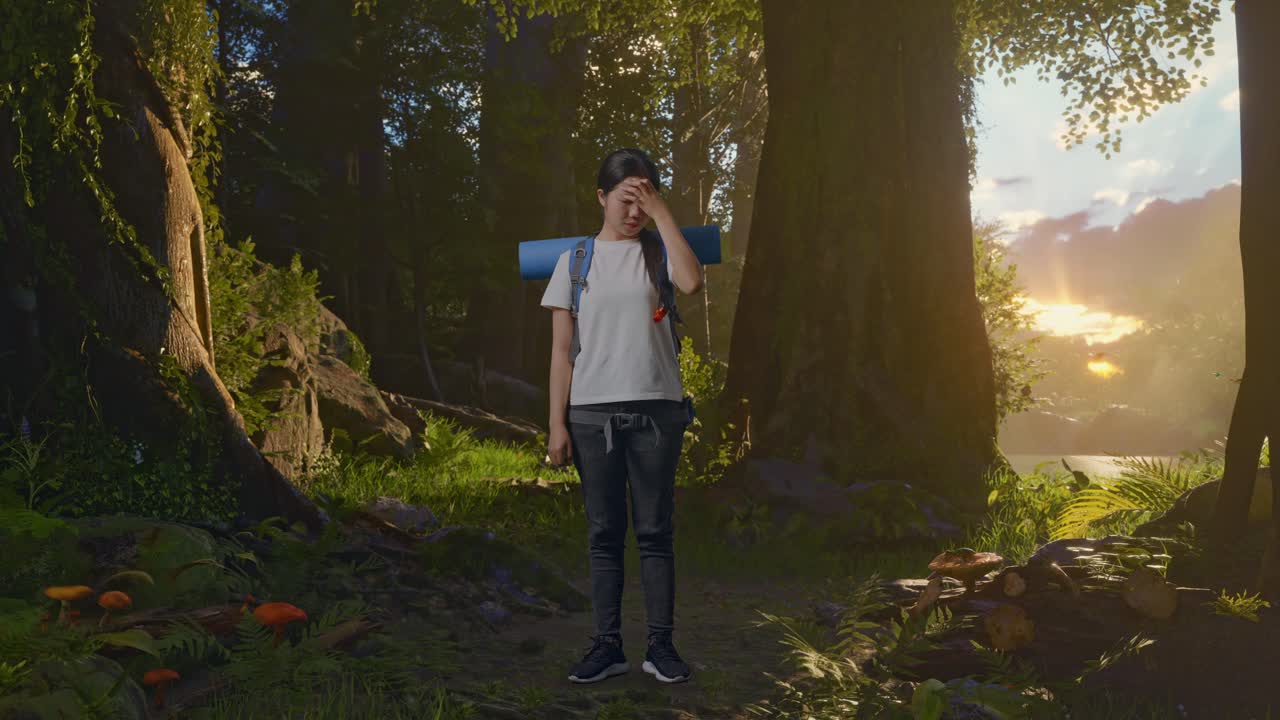 숲 에서 두통 을 고 있는 피곤 한 산책자