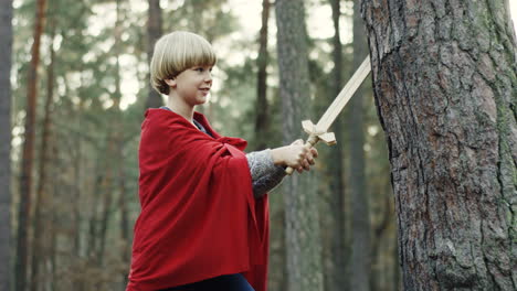 lindo niño caucásico con capa roja como un caballero golpeando un árbol con una espada de madera en el bosque