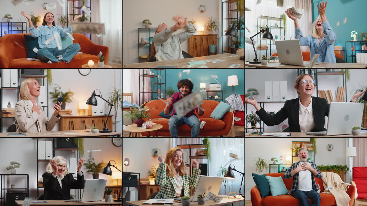 Money cash dollar rain falling on happy people men women celebrating lottery jackpot game winning