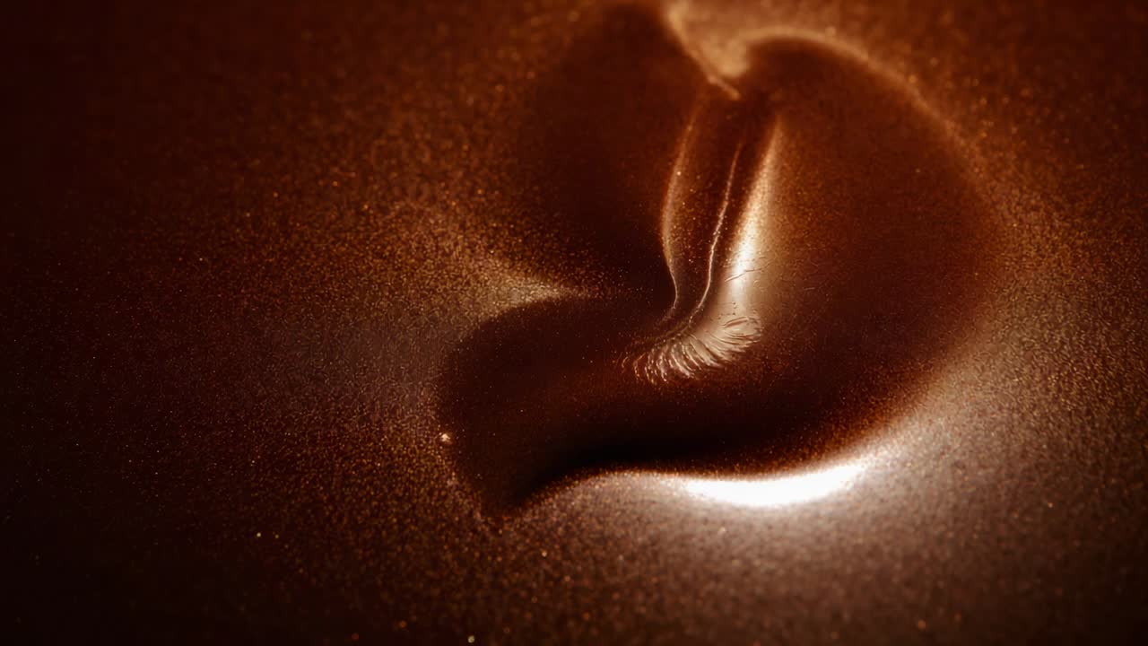 Spraying gold particles settling on glossy surface with scooped crease in studio, creating shimmer