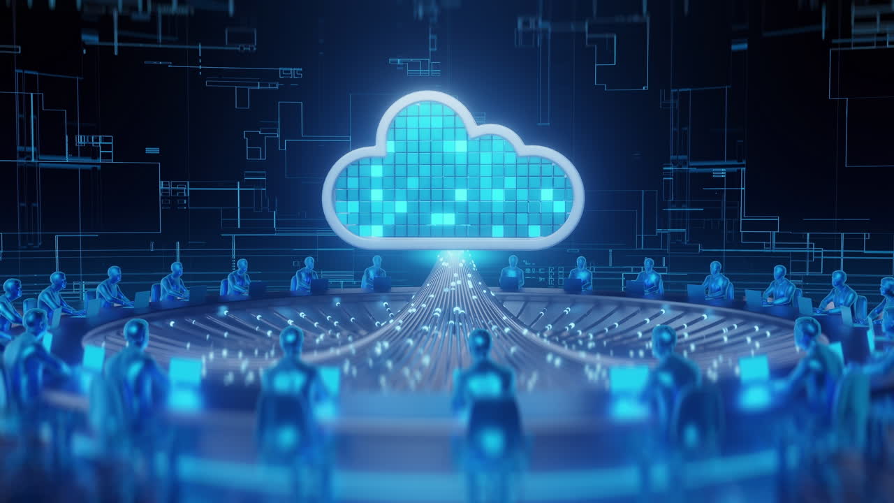 Virtual team meeting connects to a central cloud data system with streams of information flowing to digital figures working on laptops, representing global business communication and analytics