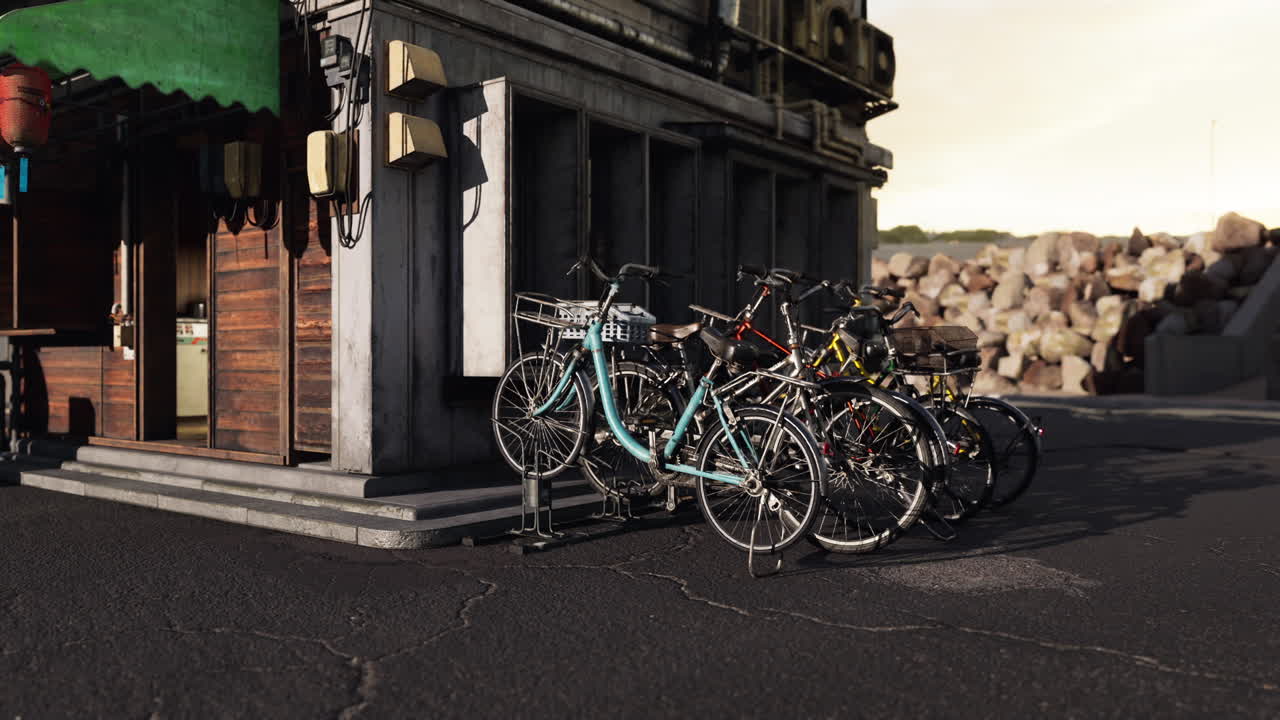 Bicycles parked outside a rustic building by the shore at sunset
