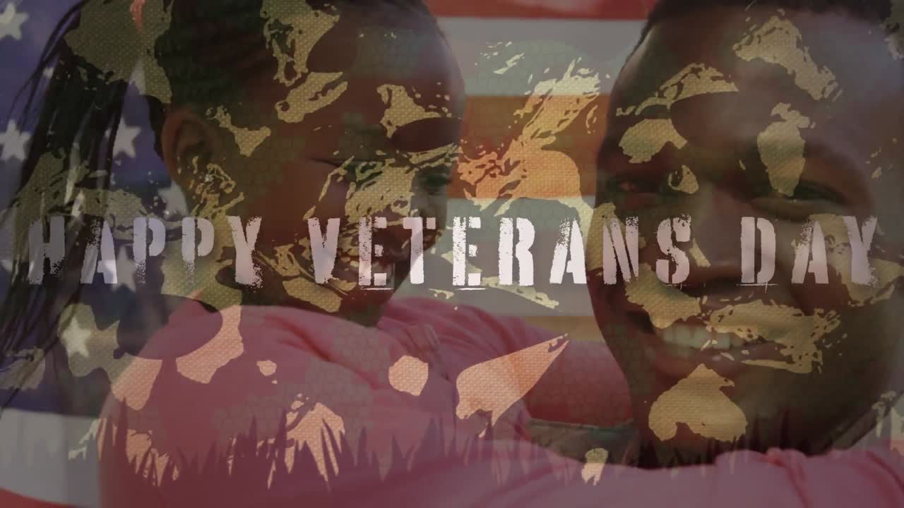 미국  ⁇ 발이 흔들리는 애니메이션 행복한 참전용사 날 문자 남자가 딸을 들고 있다