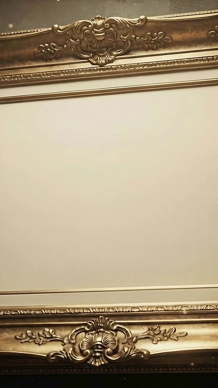 Video verticale: Telecamera che si inclina mostrando una cornice dorata ornata su un pannello color crema per rivelare uno stemma e dei luccichii