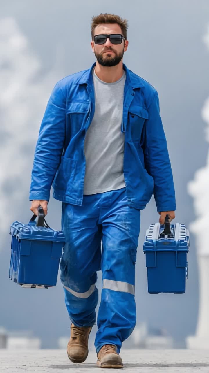 A focused worker confidently strides forward, carrying toolboxes in both hands, showcasing determination and professionalism in a dynamic industrial environment