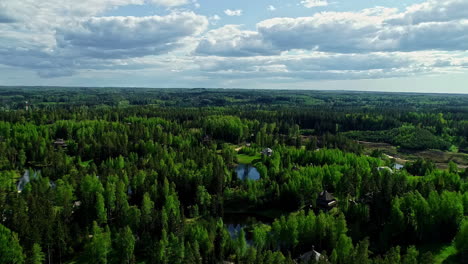 Aerial-backwards-shot-of-green-forest-landscape-with-lake-and-apartments-in-park-during-sunny-day