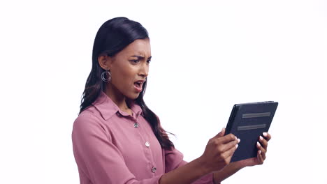 Woman,-shocked-and-what-on-tablet-for-news