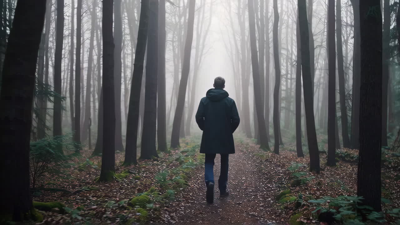 Man Walking Through Foggy Forest