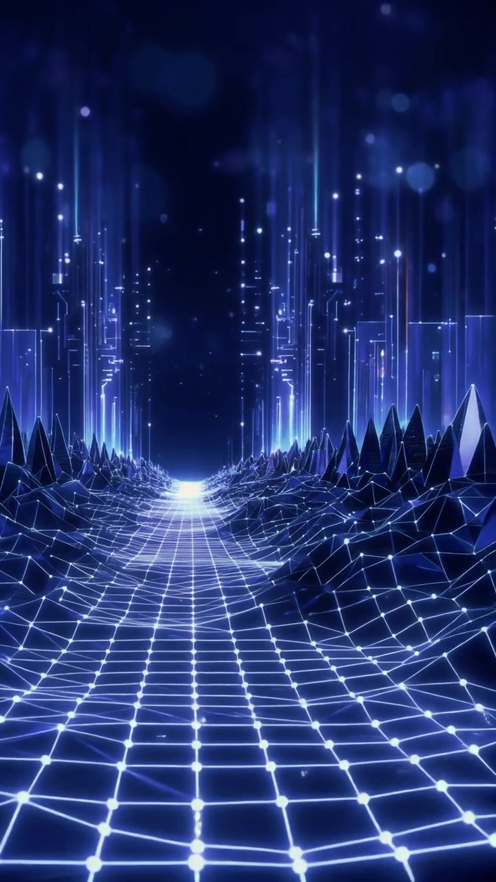 Futuristic Digital Landscape with Glowing Data Grid and Vertical Light Pillars