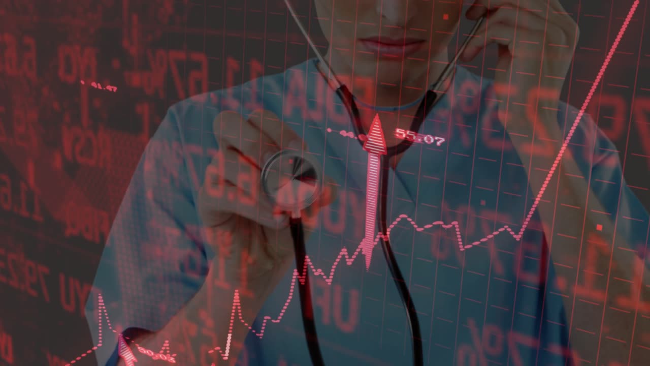 Placing handset in ear and lifting stethoscope doctor producing red finance chart overlays