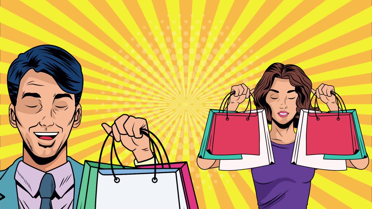 쇼핑 가방을 가진 비즈니스 커플 팝 아트 애니메이션