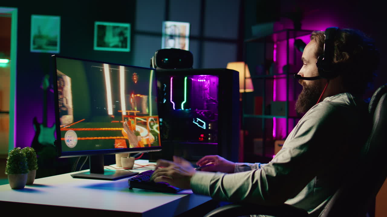 Man throwing headphones in frustration after seeing game over screen on gaming pc display