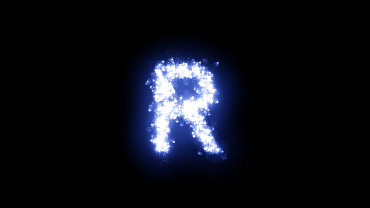 Lettera R luminosa con stelle scintillanti su sfondo trasparente