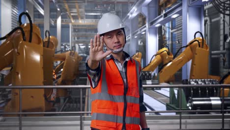 asian male engineer with safety helmet disapproving with no hand sign while standing with industrial robotic arms working