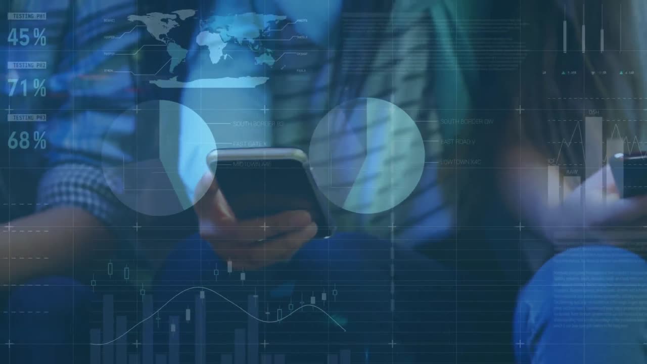 animación de gráficos e interfaz infográfica sobre diversas mujeres que utilizan teléfonos inteligentes