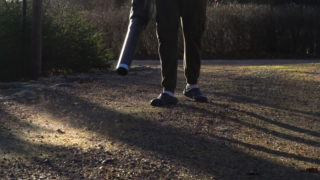 森のゴミからドライブを吹き飛ばす男性の空気