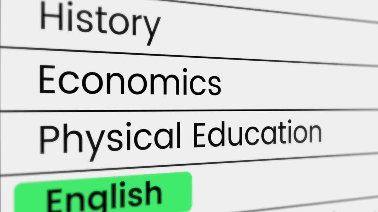 Digital List of School Subjects Scrolling with English Highlighted