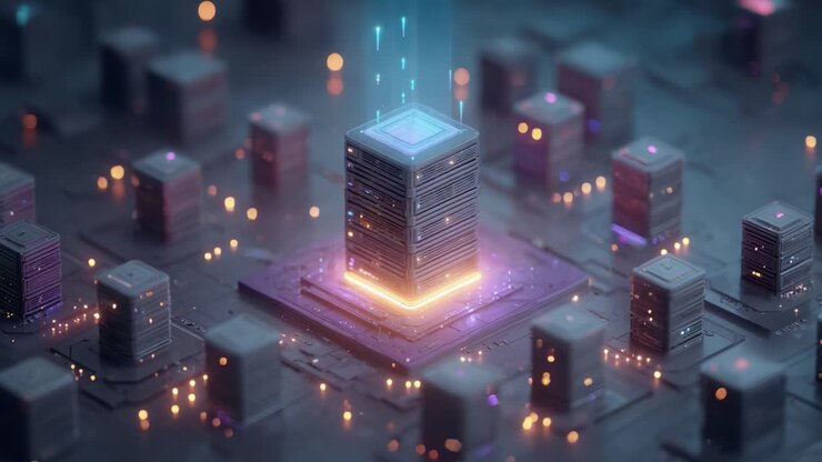 Rappresentazione futuristica di un data center con un server luminoso e fasci di luce al neon che emergono da una CPU circondata da unità di archiviazione aggiuntive