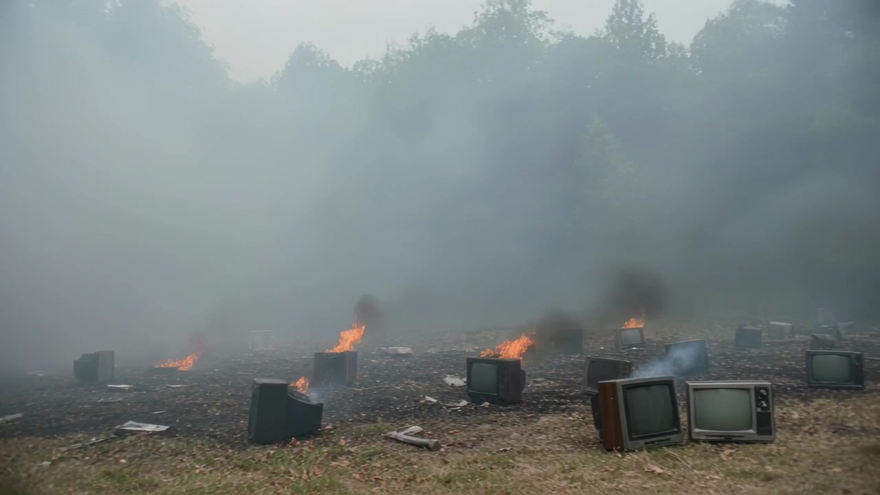 Ignition starting inside vintage CRT televisions, flames billowing black smoke over grassy clearing