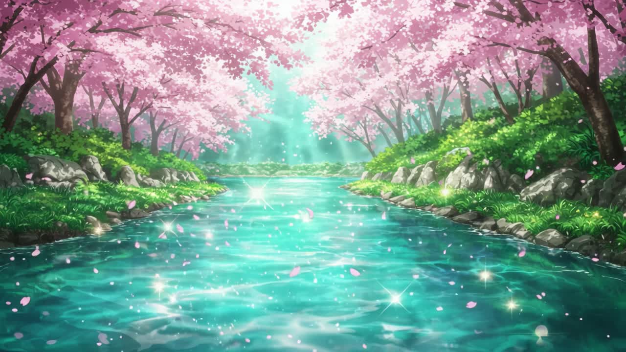 A dreamy riverside scene adorned with blossoming cherry trees illuminating a tranquil waterway, reflecting shades of turquoise under a bright sky filled with sunlight