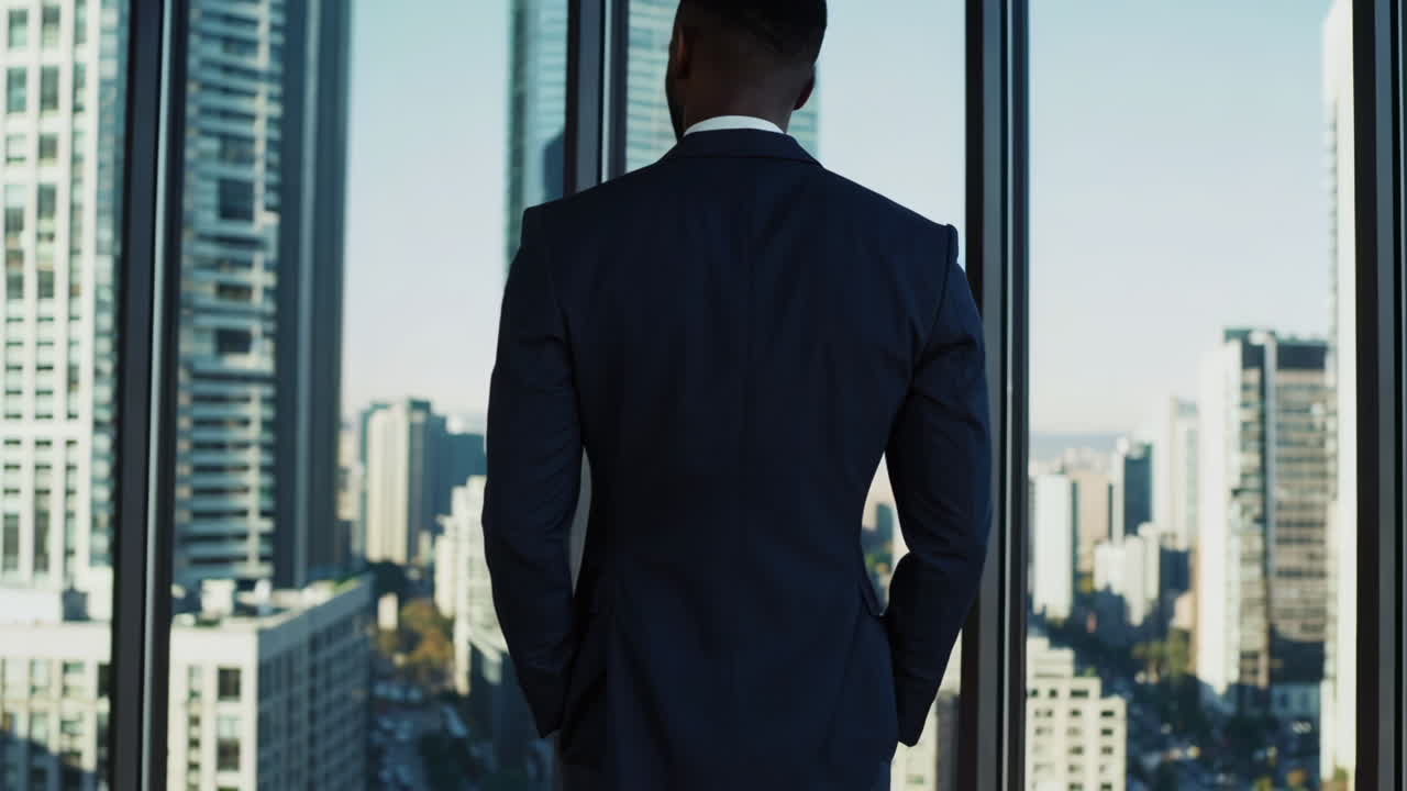 Businessman looking out city view from window