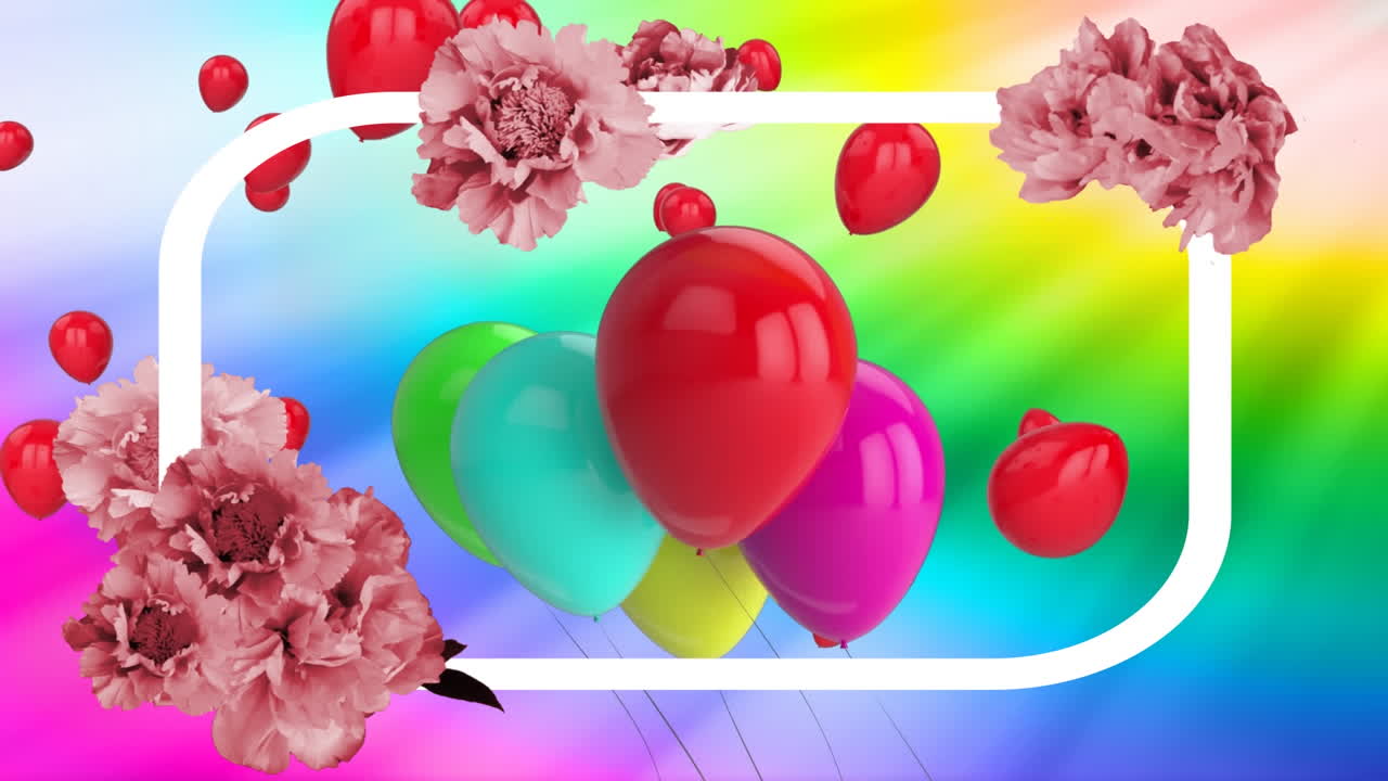 animación de una pancarta floral con espacio de copia sobre globos que flotan contra el fondo del arco iris.