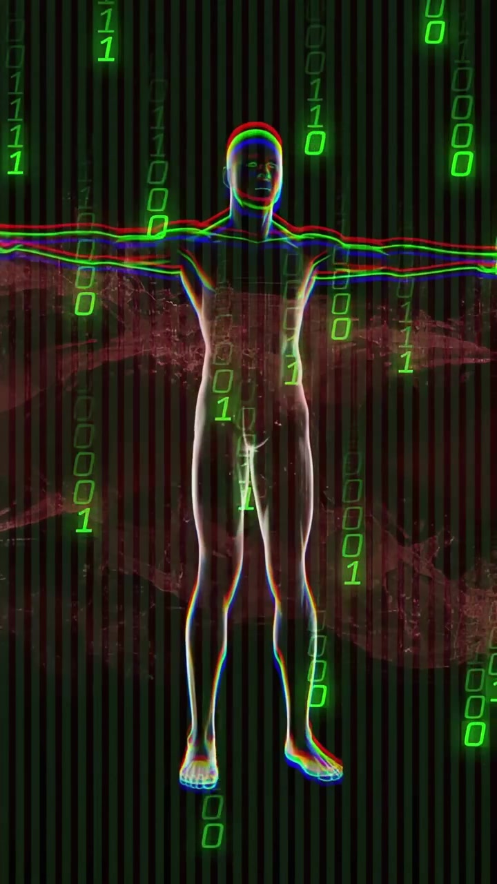 Vertical video: Green digit appearing starting scan, model rotating, bits falling, red mist pulsing